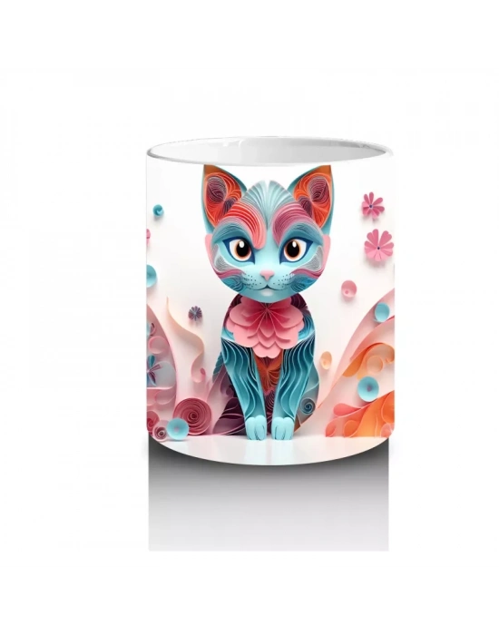 Renkli Çiçekli Desende Mavi Gözlü Kedi – Baskılı Kahve Kupası