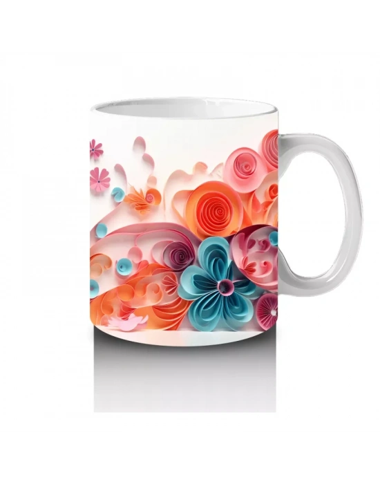 Renkli Çiçekli Desende Mavi Gözlü Kedi – Baskılı Kahve Kupası