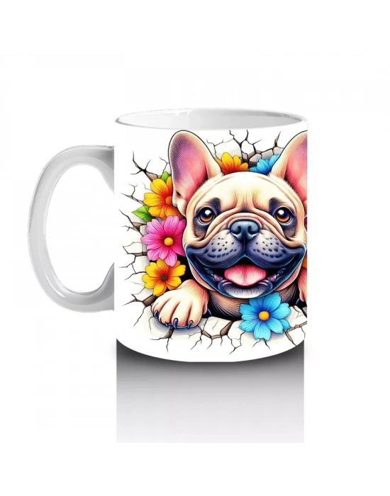 Renkli Çiçekli Fon Üzerinde Fransız Bulldog – Baskılı Kahve Kupası