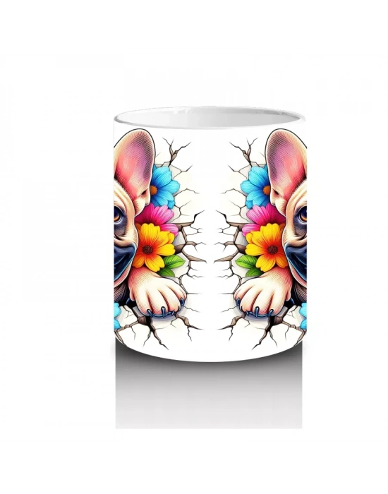 Renkli Çiçekli Fon Üzerinde Fransız Bulldog – Baskılı Kahve Kupası