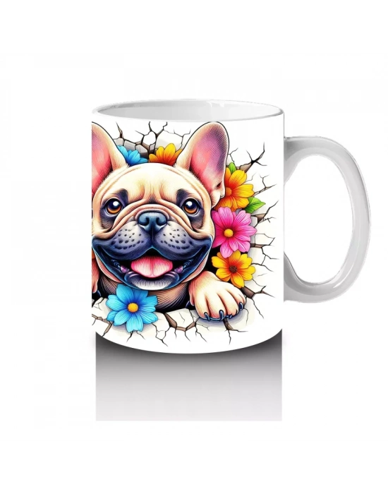 Renkli Çiçekli Fon Üzerinde Fransız Bulldog – Baskılı Kahve Kupası