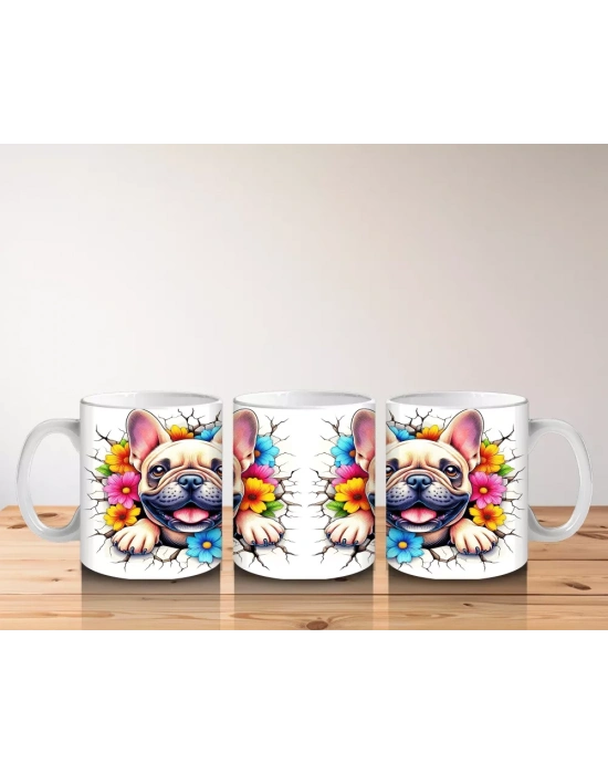 Renkli Çiçekli Fon Üzerinde Fransız Bulldog – Baskılı Kahve Kupası