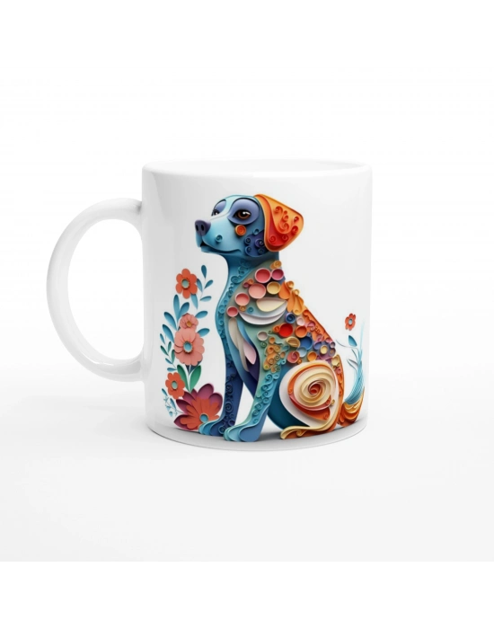 Renkli Çiçekli Zarif Köpek Tasarımlı Sanatsal Kupa Bardak