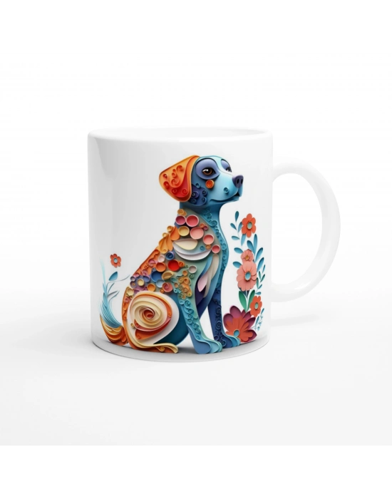 Renkli Çiçekli Zarif Köpek Tasarımlı Sanatsal Kupa Bardak