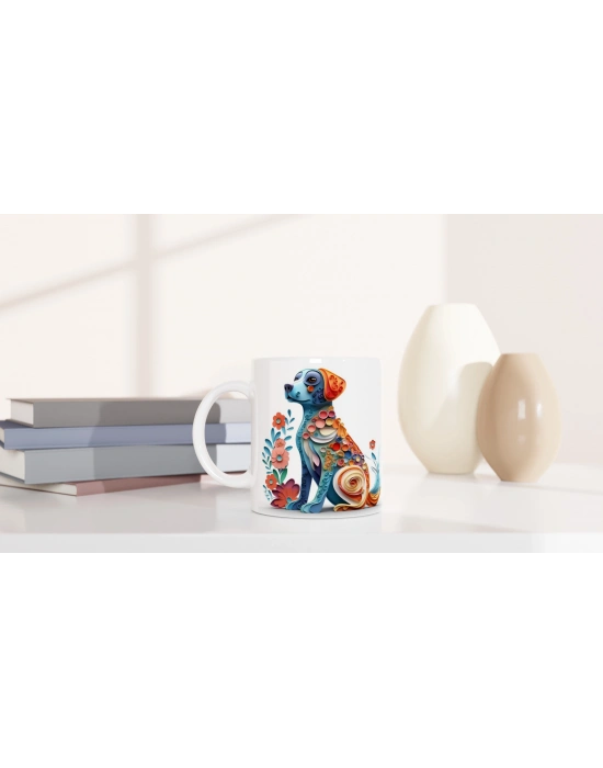 Renkli Çiçekli Zarif Köpek Tasarımlı Sanatsal Kupa Bardak