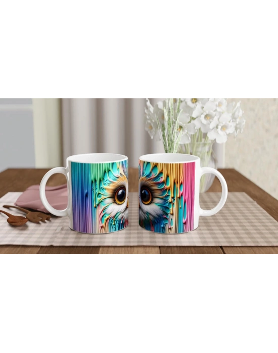 Renkli Damlalar Arasında Baykuş Yüzü Temalı Baskılı Kupa Bardak