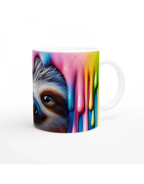 Renkli Damlalar Arasında Gülümseyen Tembel Hayvan Temalı Baskılı Kupa Bardak-2