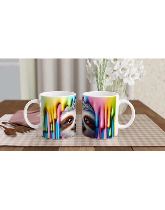 Renkli Damlalar Arasında Gülümseyen Tembel Hayvan Temalı Baskılı Kupa Bardak-2