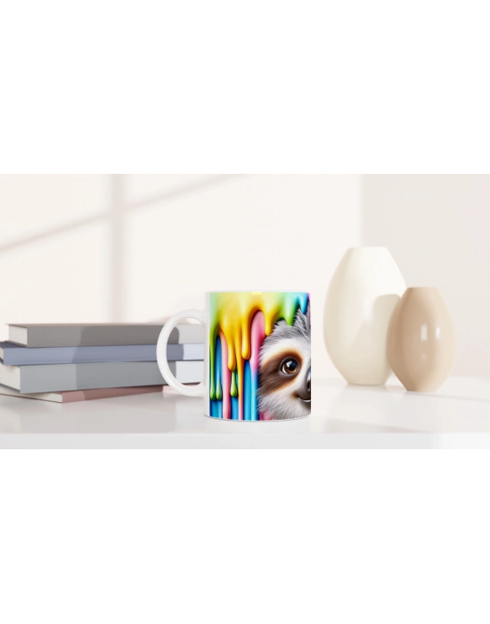 Renkli Damlalar Arasında Gülümseyen Tembel Hayvan Temalı Baskılı Kupa Bardak-2