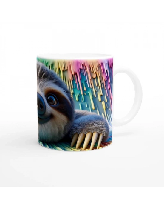 Renkli Damlalar Arasında Gülümseyen Tembel Hayvan Temalı Baskılı Kupa Bardak