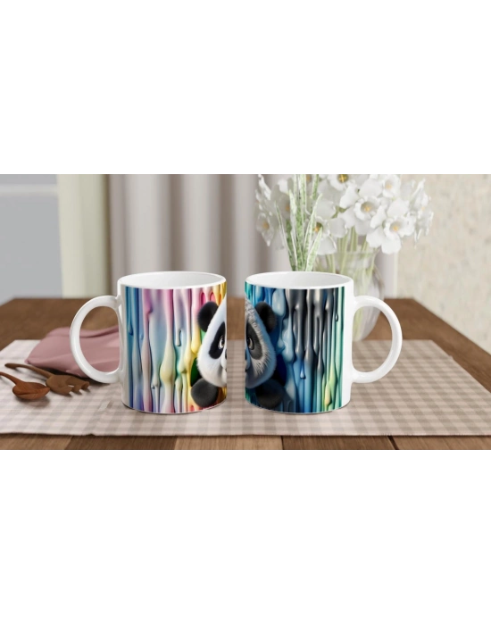 Renkli Damlaların Arasından Bakan Sevimli Panda Temalı Baskılı Kupa Bardak