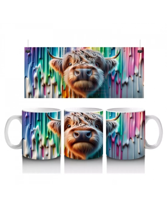 Renkli Damlayan Arka Planda Komik İnek - Baskılı Kahve Kupası