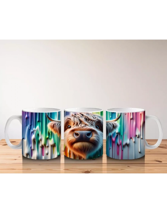 Renkli Damlayan Arka Planda Komik İnek - Baskılı Kahve Kupası