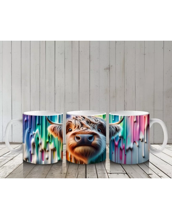 Renkli Damlayan Arka Planda Komik İnek - Baskılı Kahve Kupası