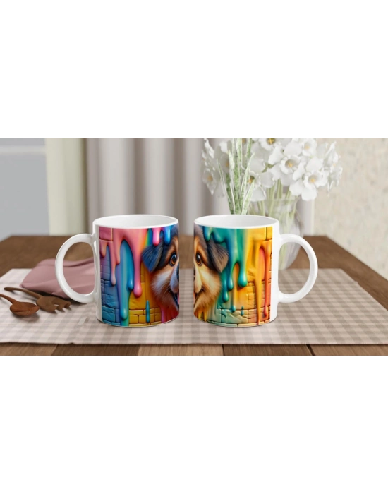 Renkli Damlayan Duvar ve Neşeli Köpek Temalı Baskılı Kupa Bardak