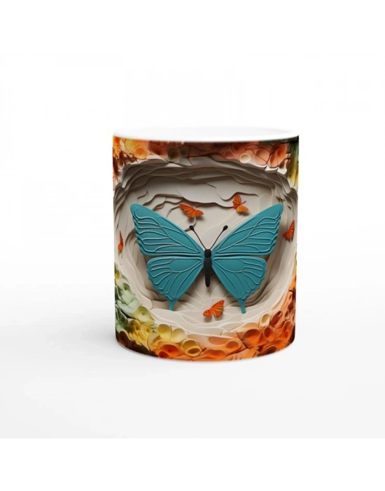 Renkli Doku Zeminli Mavi Kelebek Temalı Baskılı Kupa Bardak
