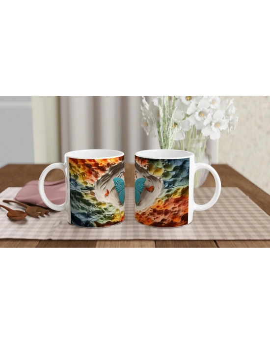 Renkli Doku Zeminli Mavi Kelebek Temalı Baskılı Kupa Bardak