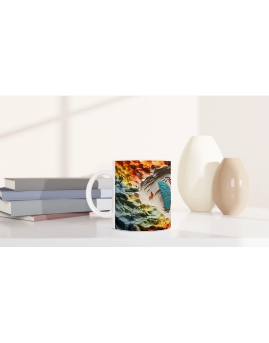 Renkli Doku Zeminli Mavi Kelebek Temalı Baskılı Kupa Bardak