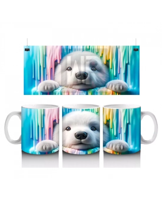 Renkli Erimiş Boyalar Arasında Yüzünü Uzatan Kutup Ayısı - Baskılı kahve kupası