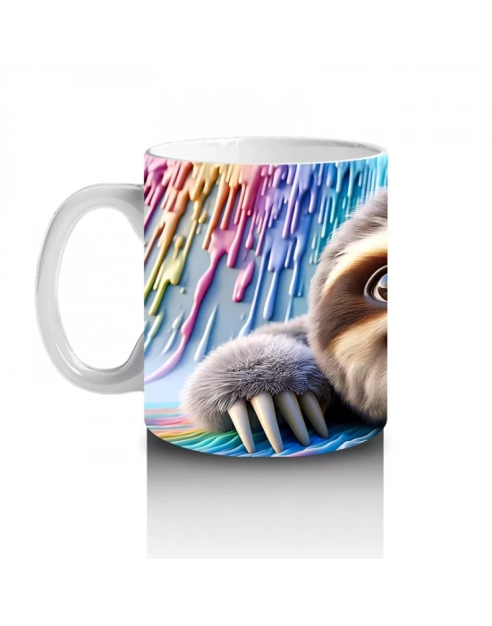 Renkli Fon Üzerinde Mutlu Tembel Hayvan – Baskılı Kahve Kupası