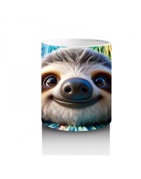 Renkli Fon Üzerinde Mutlu Tembel Hayvan – Baskılı Kahve Kupası