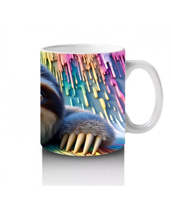 Renkli Fon Üzerinde Mutlu Tembel Hayvan – Baskılı Kahve Kupası