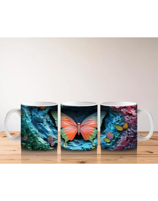 Renkli Gölge Tonlarında Pembe Kelebek – Baskılı Kahve Kupası