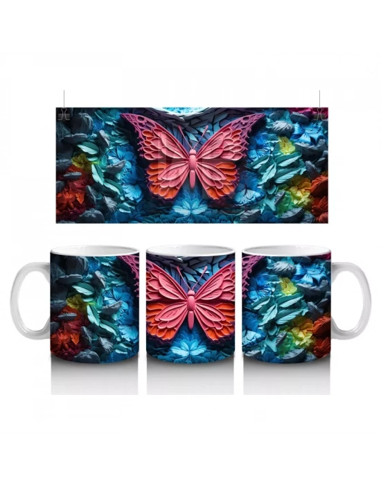 Renkli Kabartmalı Zemin Üzerinde Pembe Kelebek – Baskılı Kahve Kupası