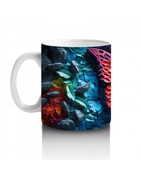 Renkli Kabartmalı Zemin Üzerinde Pembe Kelebek – Baskılı Kahve Kupası