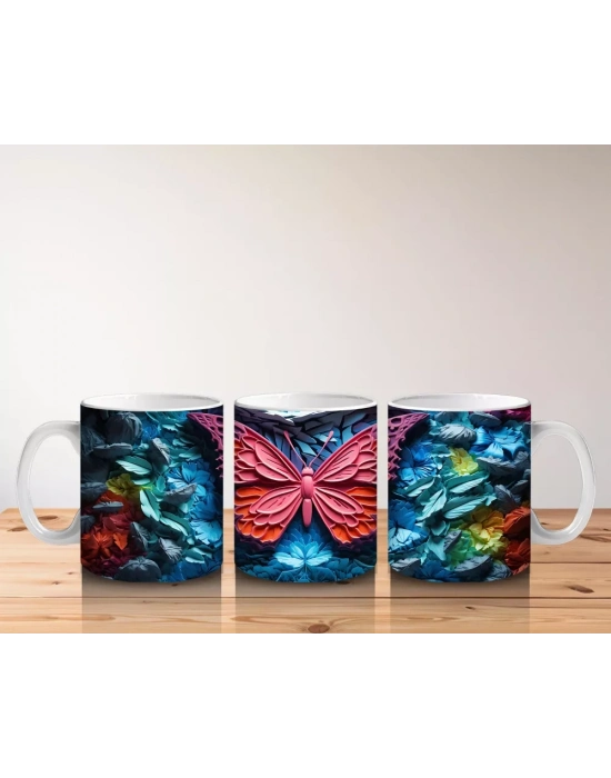 Renkli Kabartmalı Zemin Üzerinde Pembe Kelebek – Baskılı Kahve Kupası