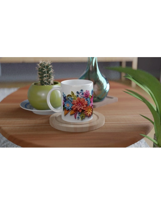 Renkli Kağıt Rölyef Çiçekli Kupa Bardak