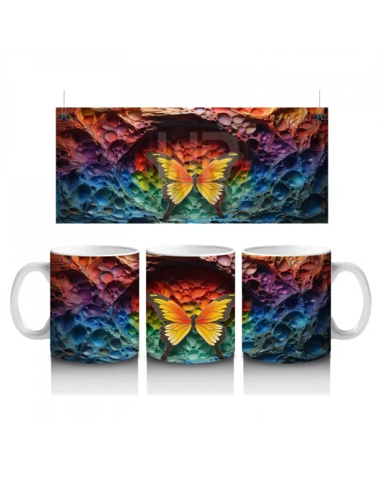 Renkli Kaya Oyuntusunda Turuncu Kelebek – Baskılı Kahve Kupası