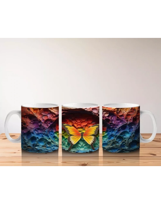 Renkli Kaya Oyuntusunda Turuncu Kelebek – Baskılı Kahve Kupası