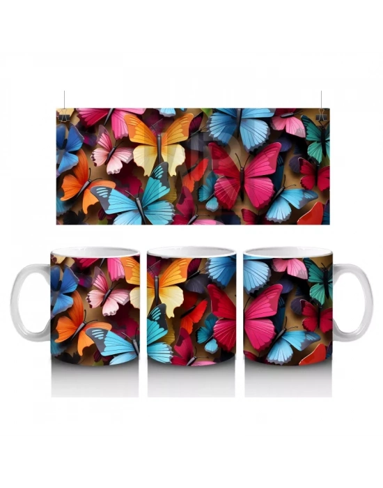 Renkli Kelebeklerle Canlı Tasarım - Baskılı Kahve Kupası