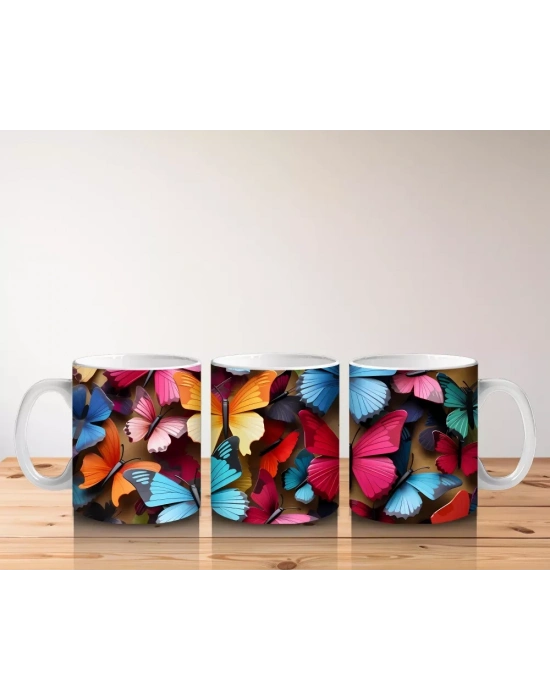 Renkli Kelebeklerle Canlı Tasarım - Baskılı Kahve Kupası