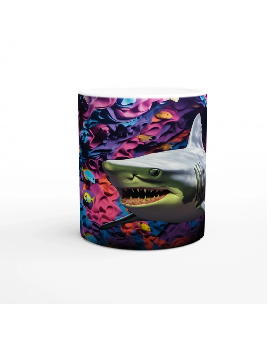 Renkli Kıvrımlı Mercanlar Arasında Köpekbalığı Su Altı Temalı Kupa Bardak