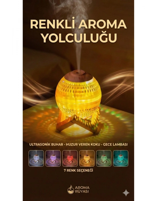 ® Renkli Kristal Küre Tasarımlı LED Işıklı Hava Nemlendirici – Sessiz Çalışma ve Ahşap Desenli Kapak