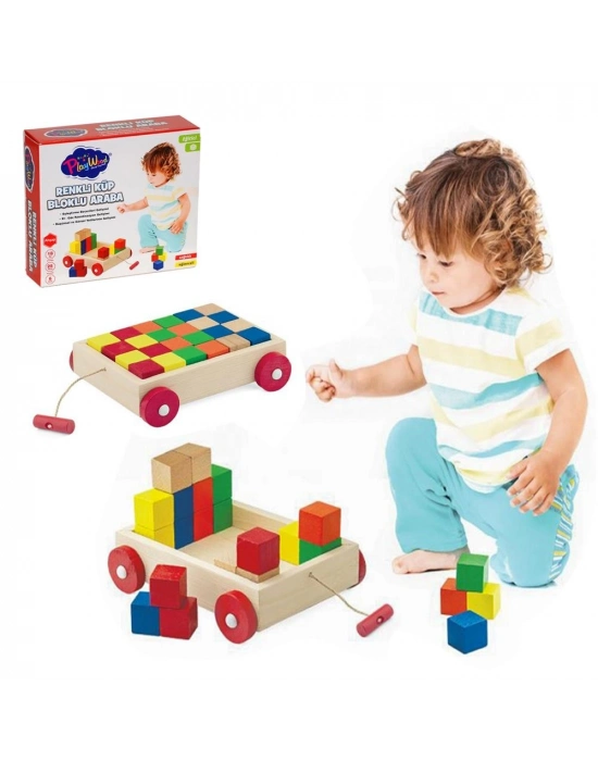 ® Renkli Küp Bloklu  Kutulu Ahşap  Çekçek Araba