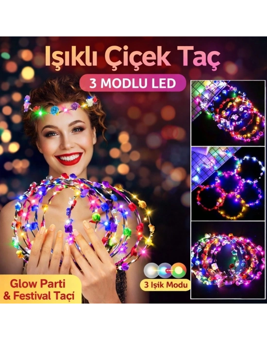 Renkli Led Çiçek Taç – 3 Işık Modlu Glow Parti Tacı