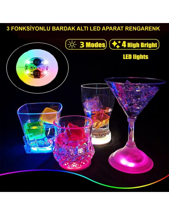 Renkli LED Işıklı Bardak Altlığı - 12 Adet, Pilli