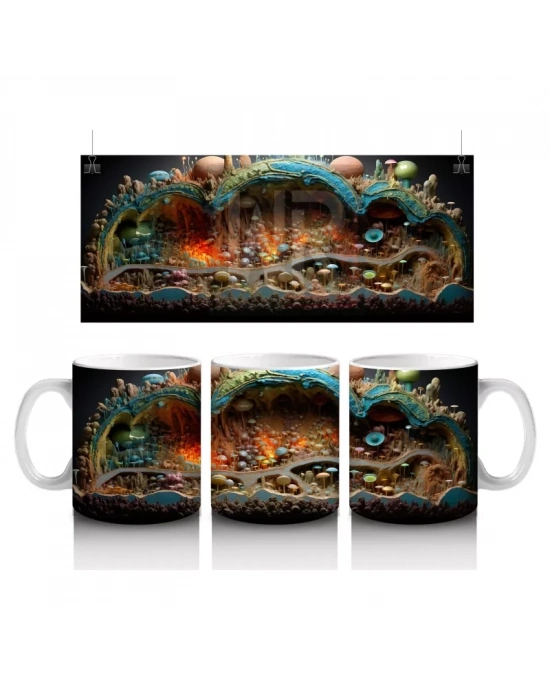 Renkli Mantarlar ve Köklerle Kaplı Fantezi Yeraltı Dünyası - Baskılı kahve kupası