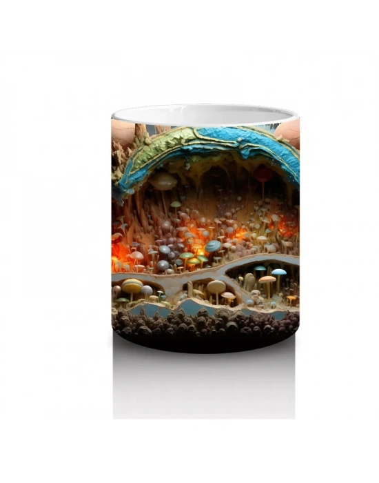 Renkli Mantarlar ve Köklerle Kaplı Fantezi Yeraltı Dünyası - Baskılı kahve kupası