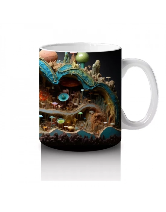 Renkli Mantarlar ve Köklerle Kaplı Fantezi Yeraltı Dünyası - Baskılı kahve kupası