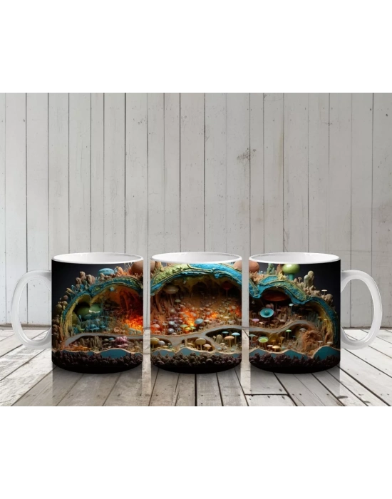 Renkli Mantarlar ve Köklerle Kaplı Fantezi Yeraltı Dünyası - Baskılı kahve kupası