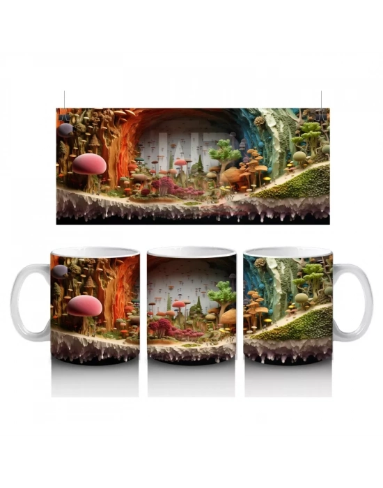 Renkli Mantarlarla Süslenmiş Fantastik Orman Manzarası - Baskılı kahve kupası