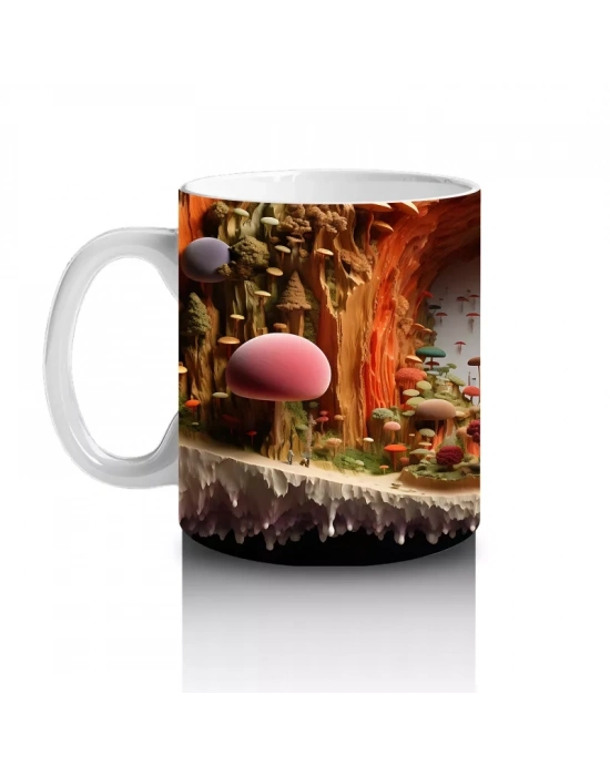 Renkli Mantarlarla Süslenmiş Fantastik Orman Manzarası - Baskılı kahve kupası
