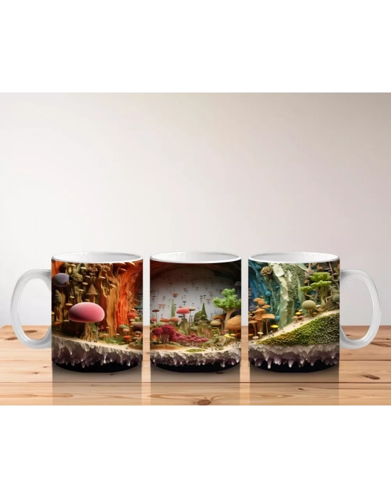 Renkli Mantarlarla Süslenmiş Fantastik Orman Manzarası - Baskılı kahve kupası