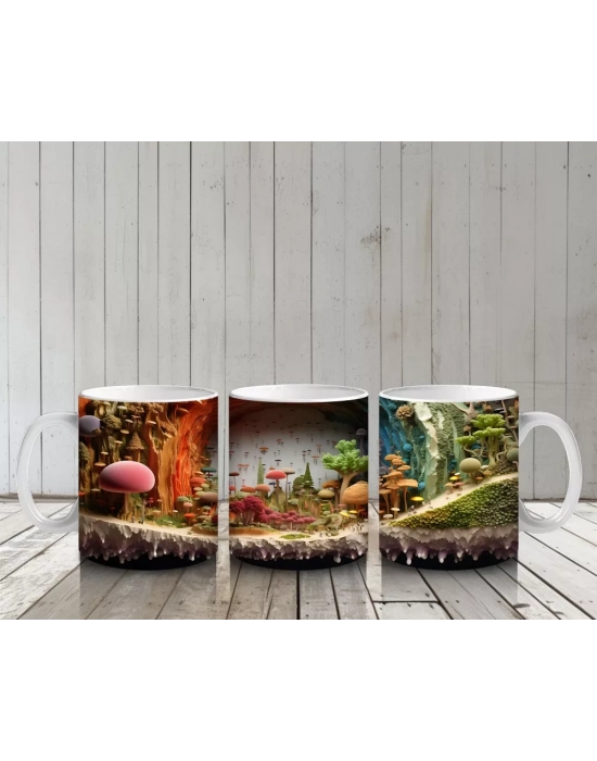 Renkli Mantarlarla Süslenmiş Fantastik Orman Manzarası - Baskılı kahve kupası