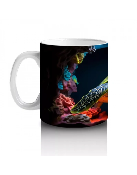 Renkli Mercan Resifinde Yüzen Deniz Kaplumbağası – Baskılı Kahve Kupası