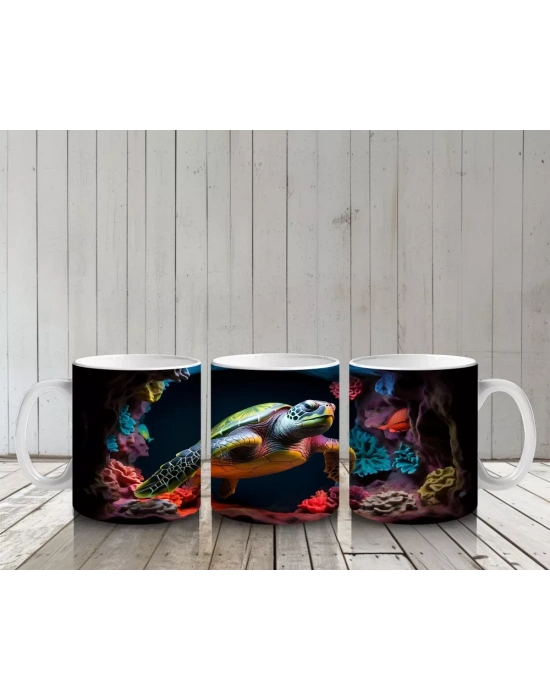 Renkli Mercan Resifinde Yüzen Deniz Kaplumbağası – Baskılı Kahve Kupası